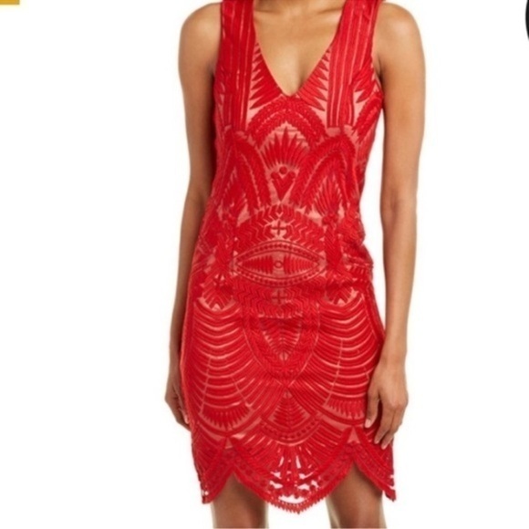 Bardot Red Lace Overlay Dress Size 4 - Picture 1 of 13